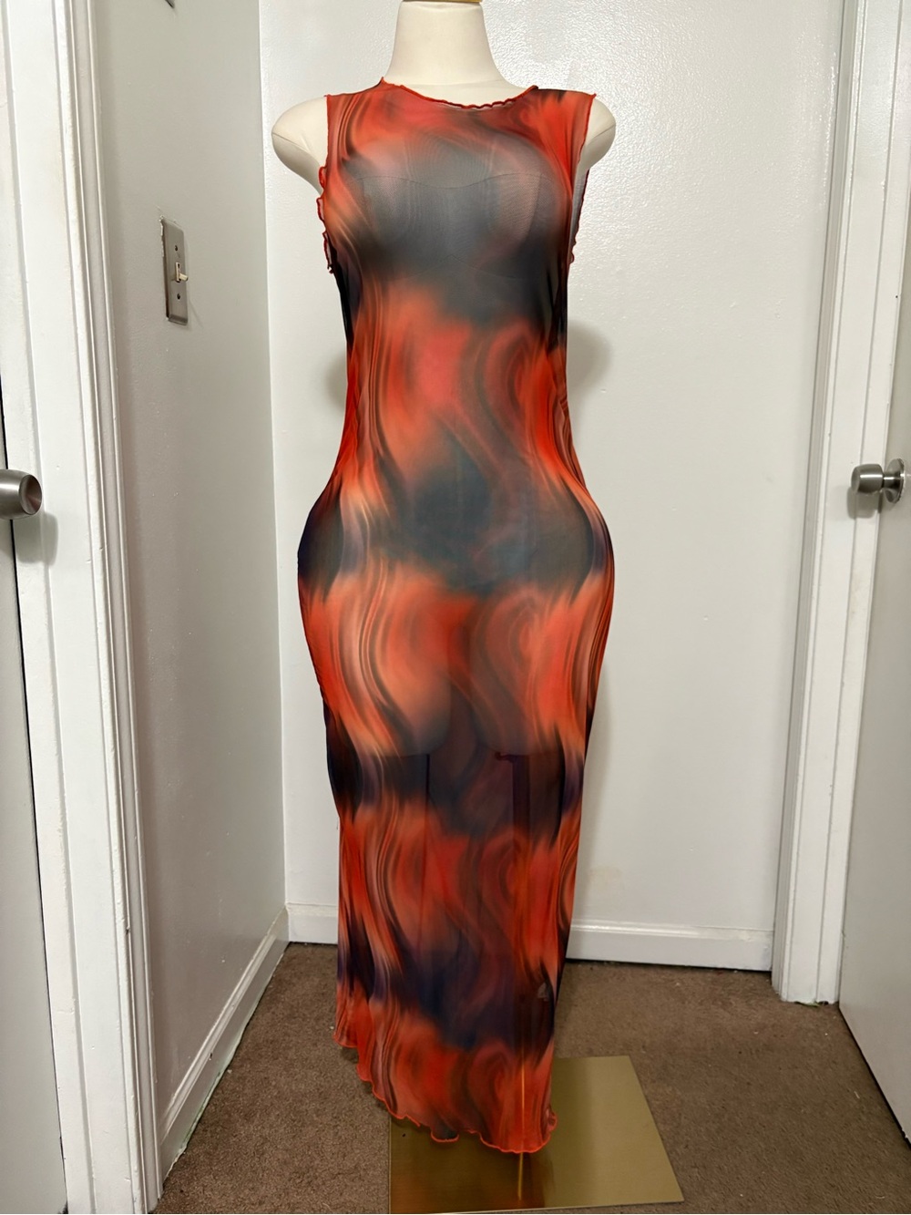 SHEIN Red & Black Swirl Sleeveless Mesh  Maxi Dress NWOT